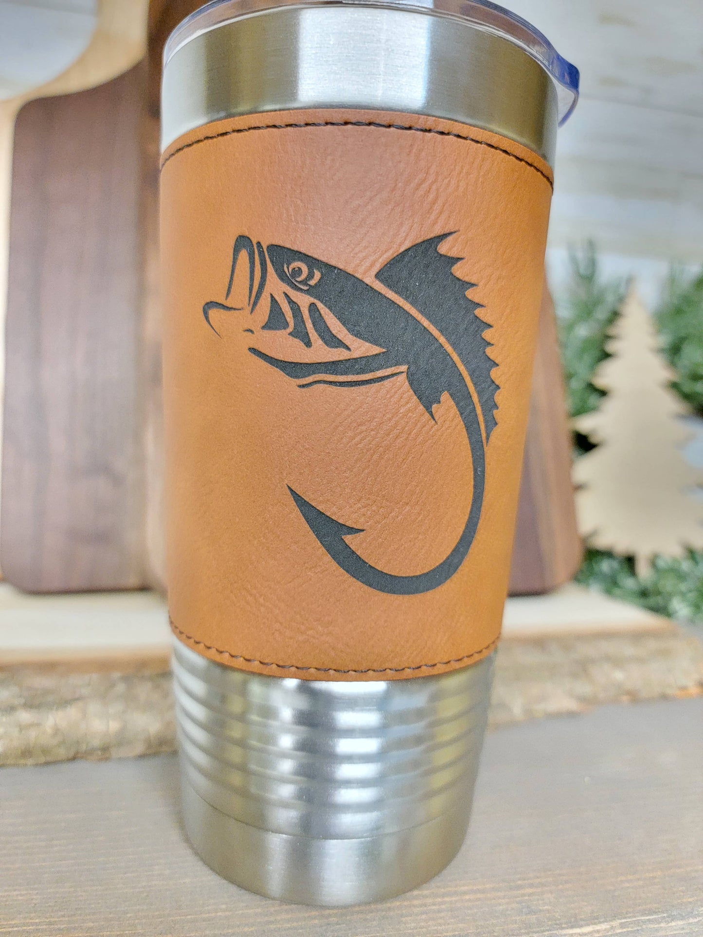Fishing Leather Tumbler. Bass and Hook Fishing Engraved Cup.: Teal