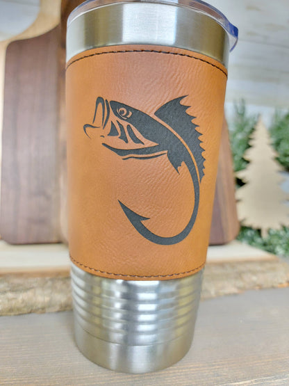 Fishing Leather Tumbler. Bass and Hook Fishing Engraved Cup.: Pink