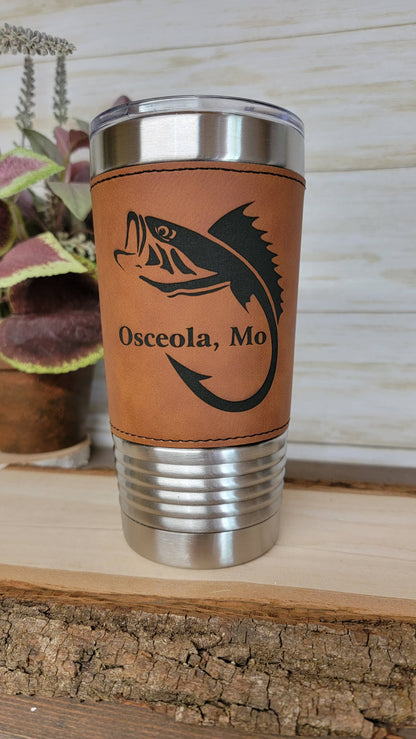 Fishing Leather Tumbler. Bass and Hook Fishing Engraved Cup.: Teal