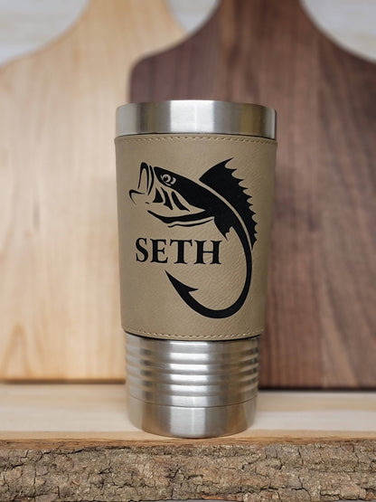 Fishing Leather Tumbler. Bass and Hook Fishing Engraved Cup.: Pink