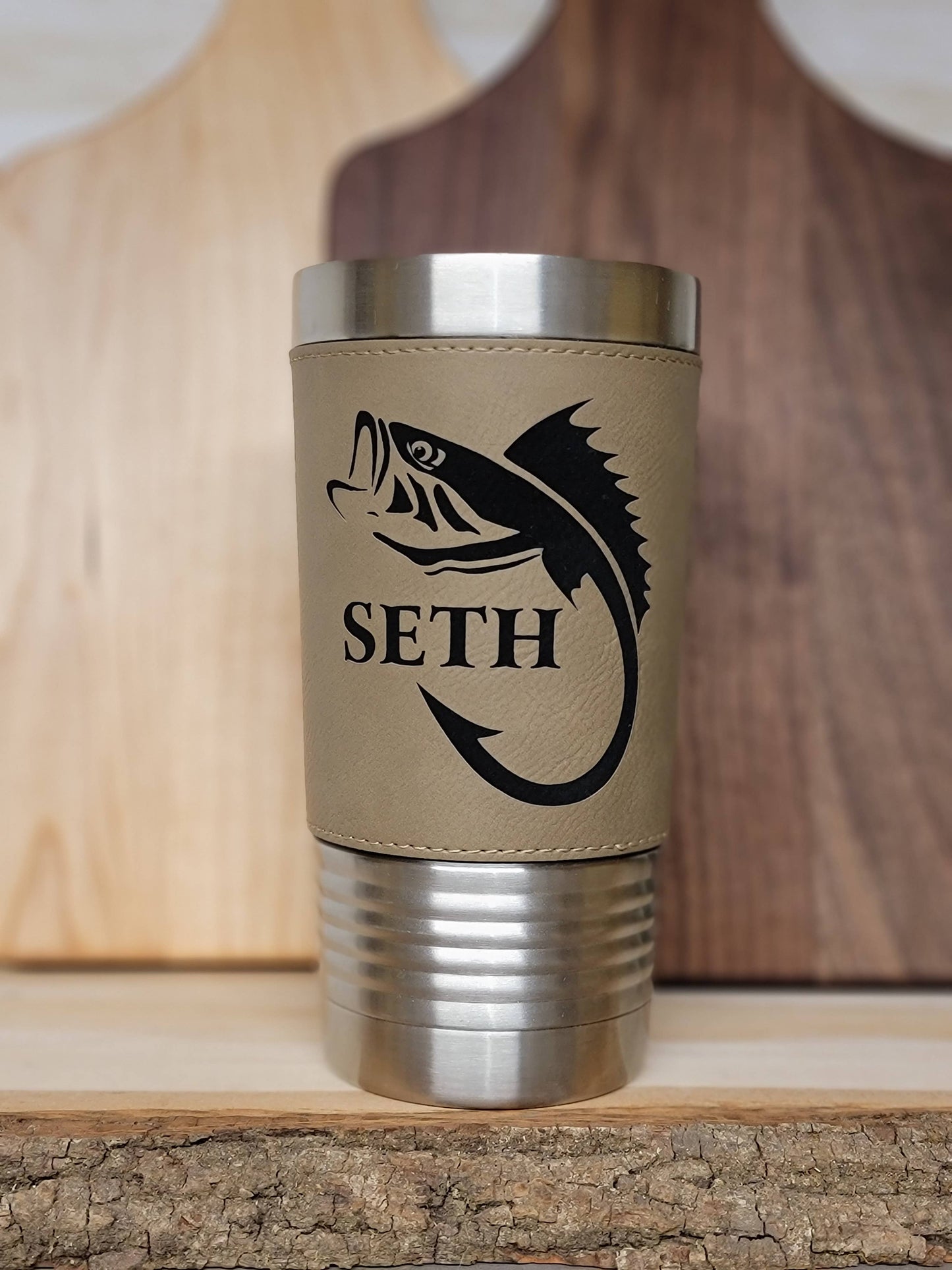 Fishing Leather Tumbler. Bass and Hook Fishing Engraved Cup.: Rawhide