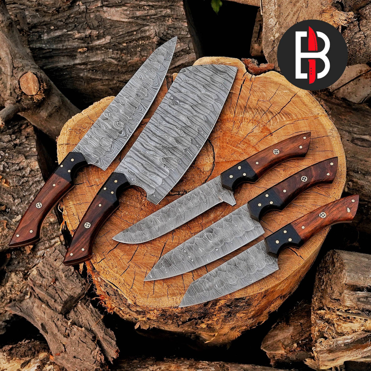 Damascus Steel Chef Set Hand Forged BBQ 5 Pcs Kitchen Knives