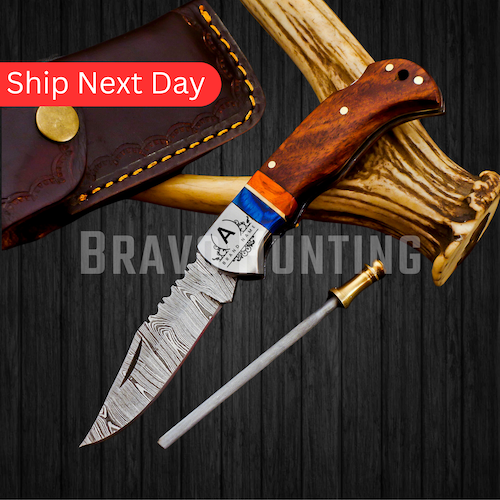 6.5" Damascus Steel Folding Pocket Knife Handmade Sheath