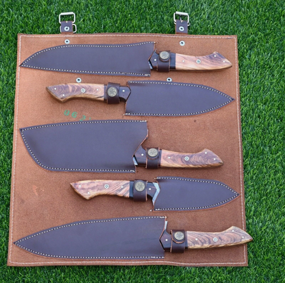 Damascus Steel Chef Set Hand Forged 5 Pcs BBQ Kitchen Knives