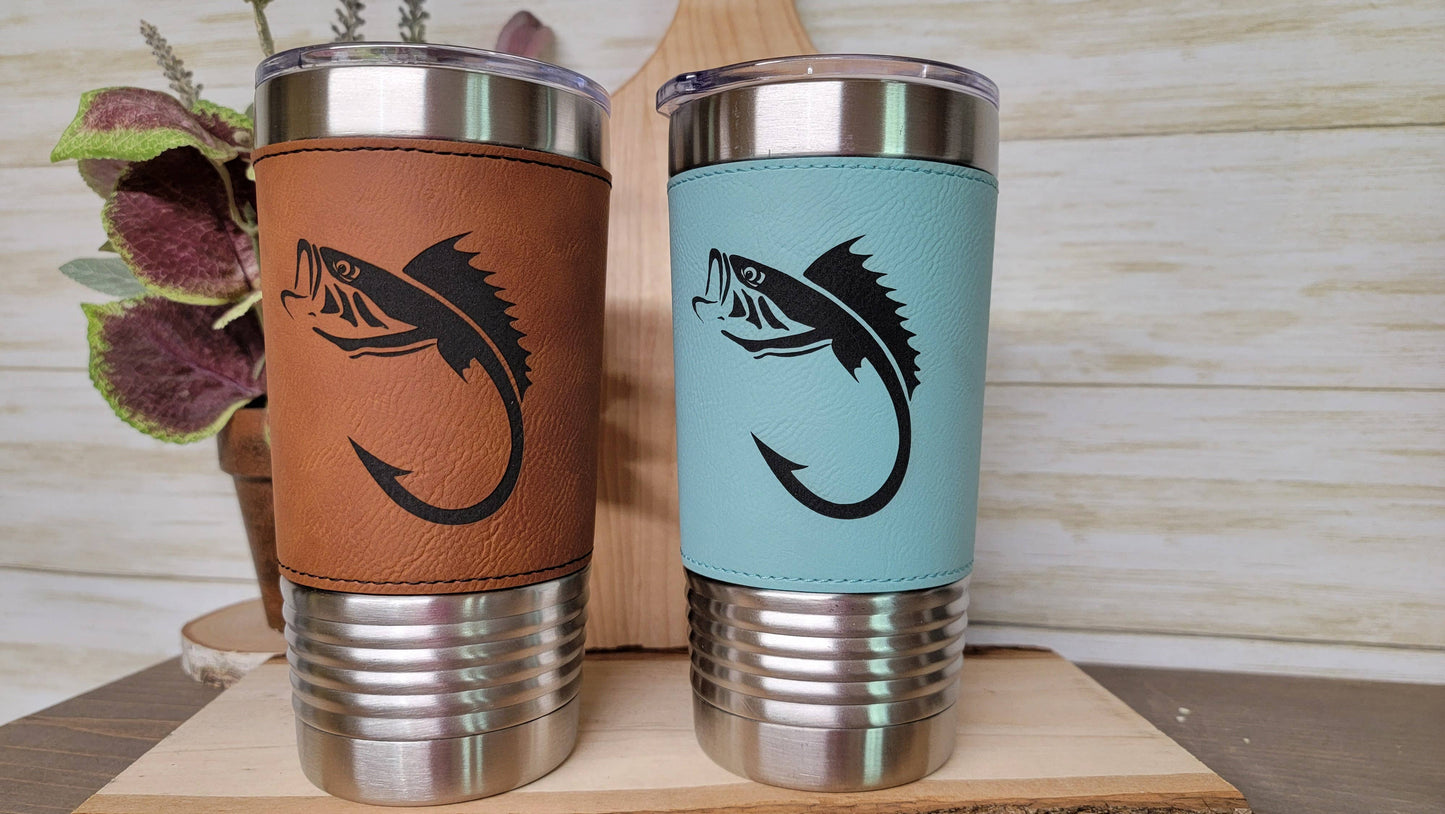 Fishing Leather Tumbler. Bass and Hook Fishing Engraved Cup.: Teal