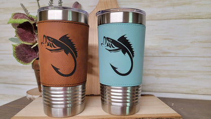 Fishing Leather Tumbler. Bass and Hook Fishing Engraved Cup.: Rawhide