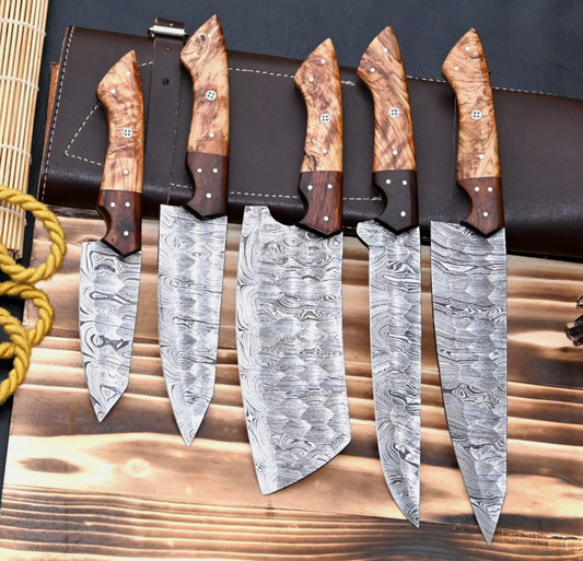 Damascus Steel Chef Set Hand Forged 5 Pcs BBQ Kitchen Knives