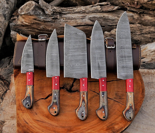 5 Pcs Damascus Steel Chef Set Handmade BBQ Kitchen Knives.