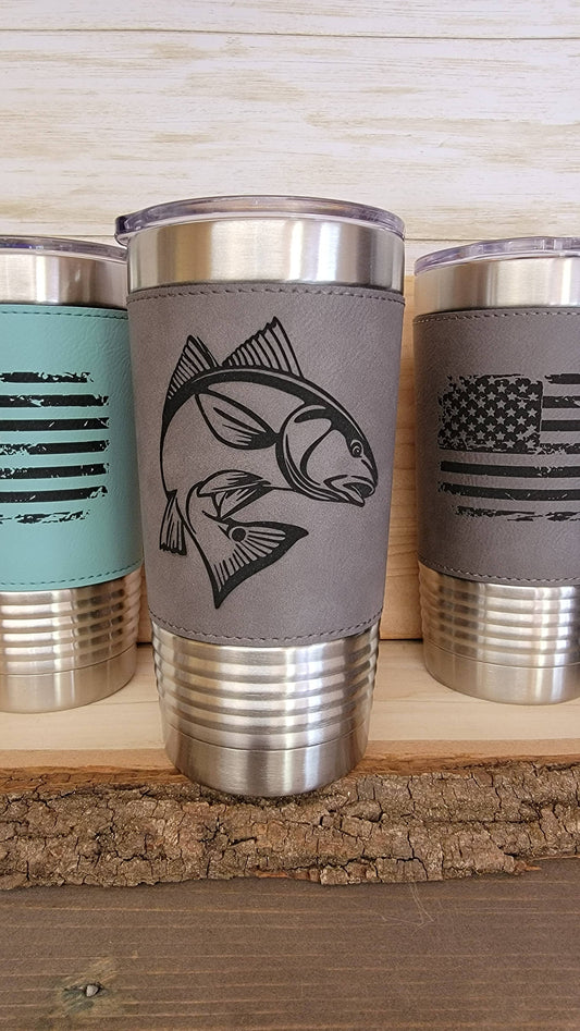 Fishing Leather Tumbler. Redfish Fishing Engraved Cup.: Rawhide