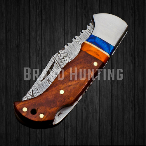 6.5" Damascus Steel Folding Pocket Knife Handmade Sheath