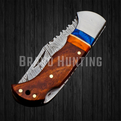 6.5" Damascus Steel Folding Pocket Knife Handmade Sheath