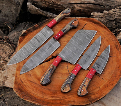 5 Pcs Damascus Steel Chef Set Handmade BBQ Kitchen Knives.