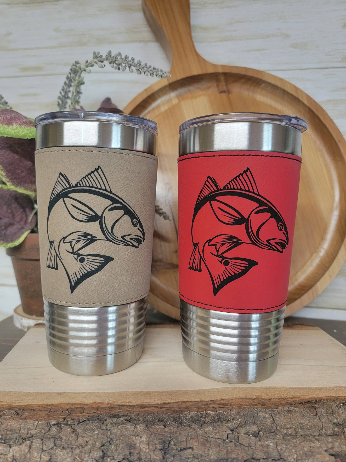 Fishing Leather Tumbler. Redfish Fishing Engraved Cup.: Dark Brown