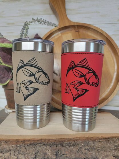 Fishing Leather Tumbler. Redfish Fishing Engraved Cup.: Rawhide