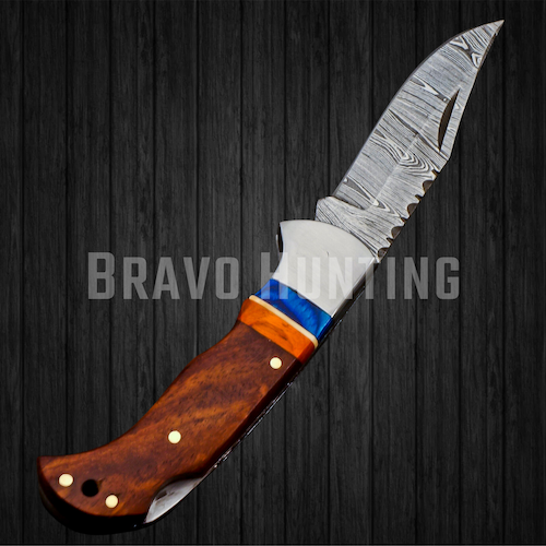 6.5" Damascus Steel Folding Pocket Knife Handmade Sheath