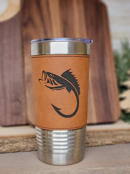 Fishing Leather Tumbler. Bass and Hook Fishing Engraved Cup.: Pink