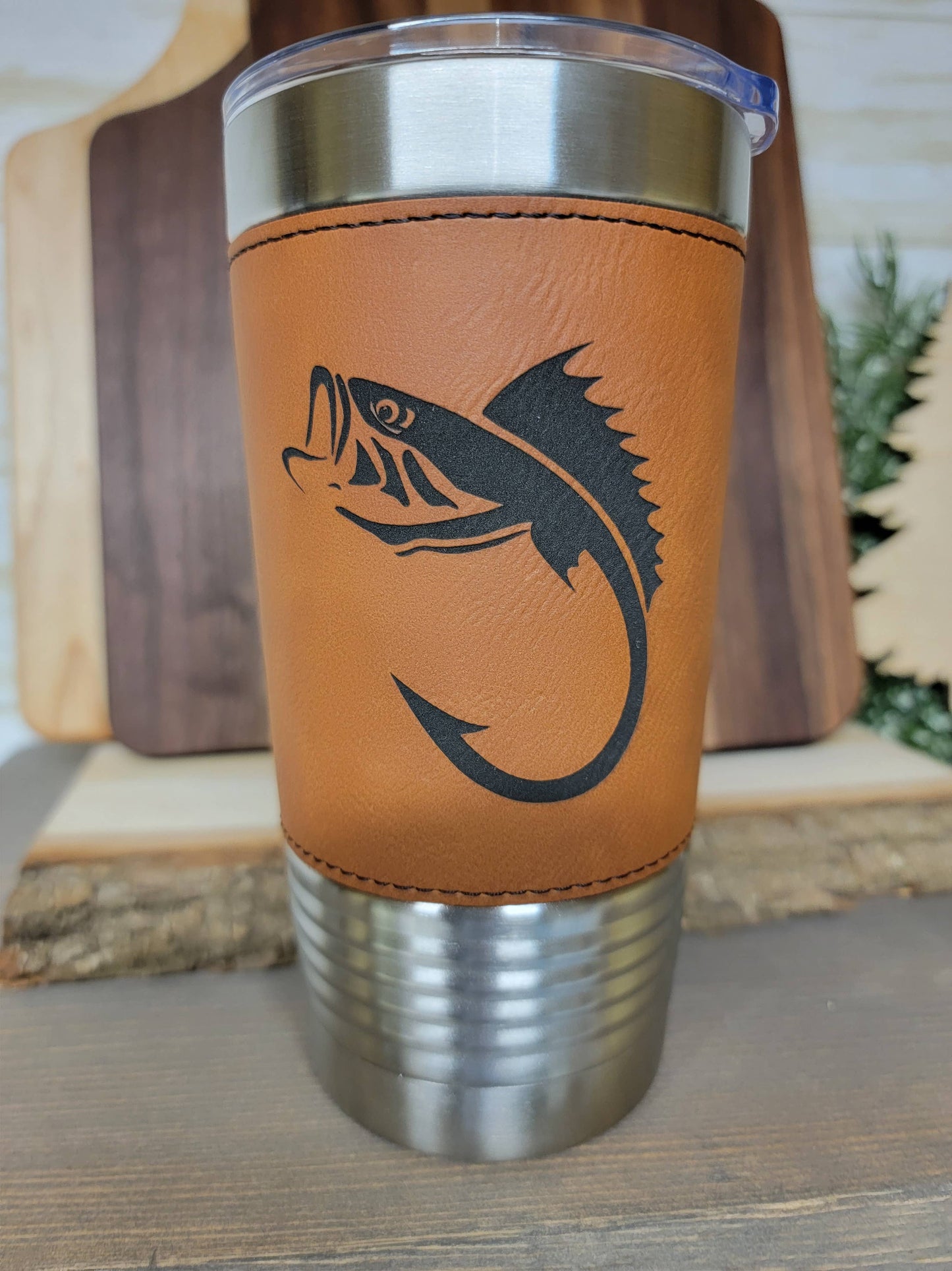 Fishing Leather Tumbler. Bass and Hook Fishing Engraved Cup.: Rawhide
