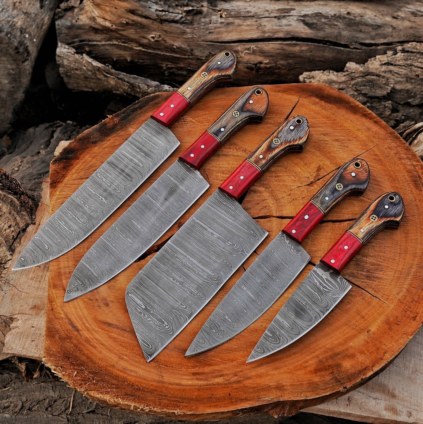 5 Pcs Damascus Steel Chef Set Handmade BBQ Kitchen Knives.