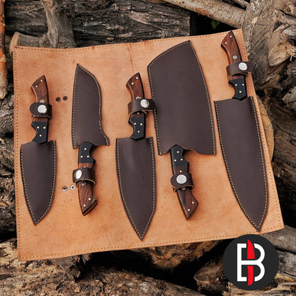 Damascus Steel Chef Set Hand Forged BBQ 5 Pcs Kitchen Knives